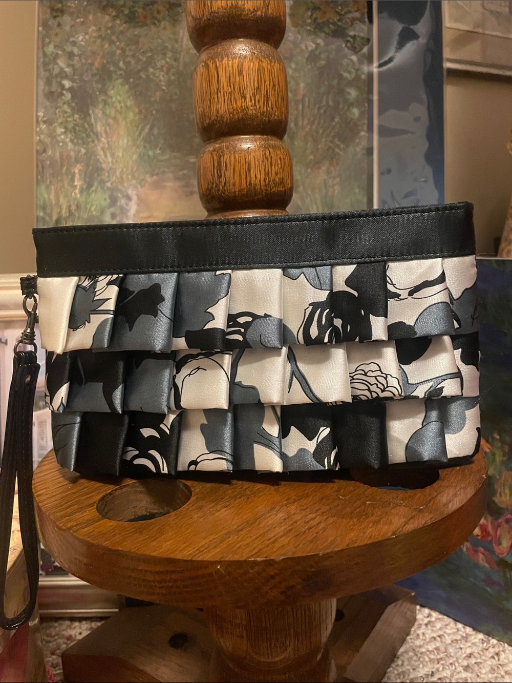 Emma Rose Black & White Floral Ruffle Wristlet Clutch
